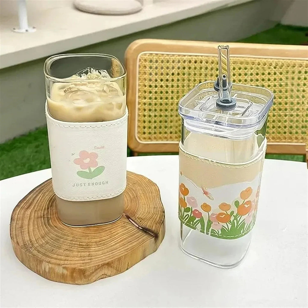 Square Heat Resistant Coffee Glass Cup with Lid and Straw Transparent Milk Tea Juice Cups Coffee Mug for Home Bar Drinkware