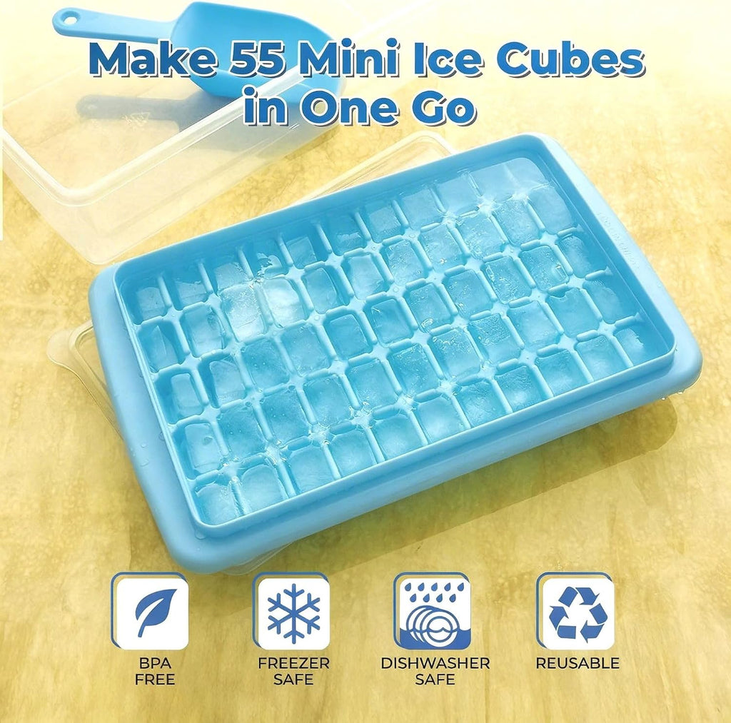 2Pack Ice Cube Tray with Lid and Bin for Freezer, Easy Release 55 Mini Ice Cube Tray with Cover, Storage Container, Scoop, Flexible Durable Plastic Nugget Ice Cube Mold & Bucket, BPA Free