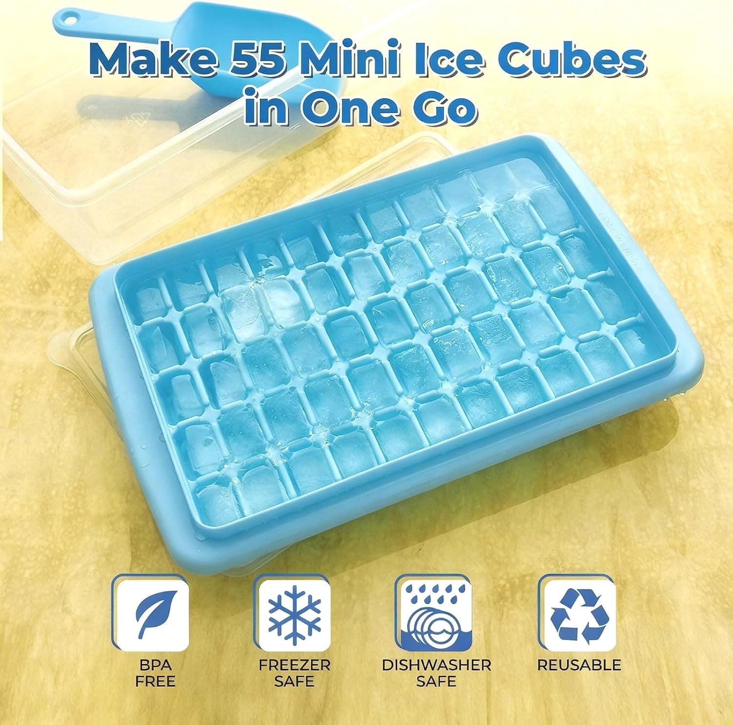 2Pack Ice Cube Tray with Lid and Bin for Freezer, Easy Release 55 Mini Ice Cube Tray with Cover, Storage Container, Scoop, Flexible Durable Plastic Nugget Ice Cube Mold & Bucket, BPA Free