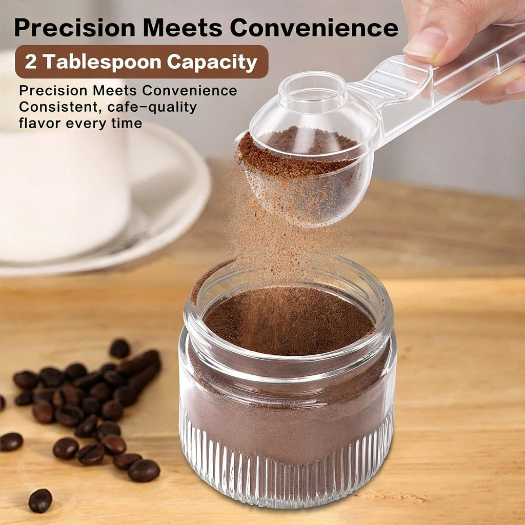 2-In-1 Coffee Scoop with Funnel, 2 Tbsp Measuring Spoon for Reusable K Cups, Ground Coffee, Protein Powder & Tea, Mess-Free Plastic Design（Transparent-2Pack）