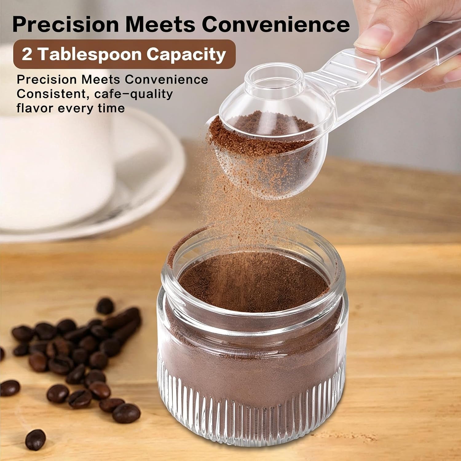2-In-1 Coffee Scoop with Funnel, 2 Tbsp Measuring Spoon for Reusable K Cups, Ground Coffee, Protein Powder & Tea, Mess-Free Plastic Design（Transparent-2Pack）