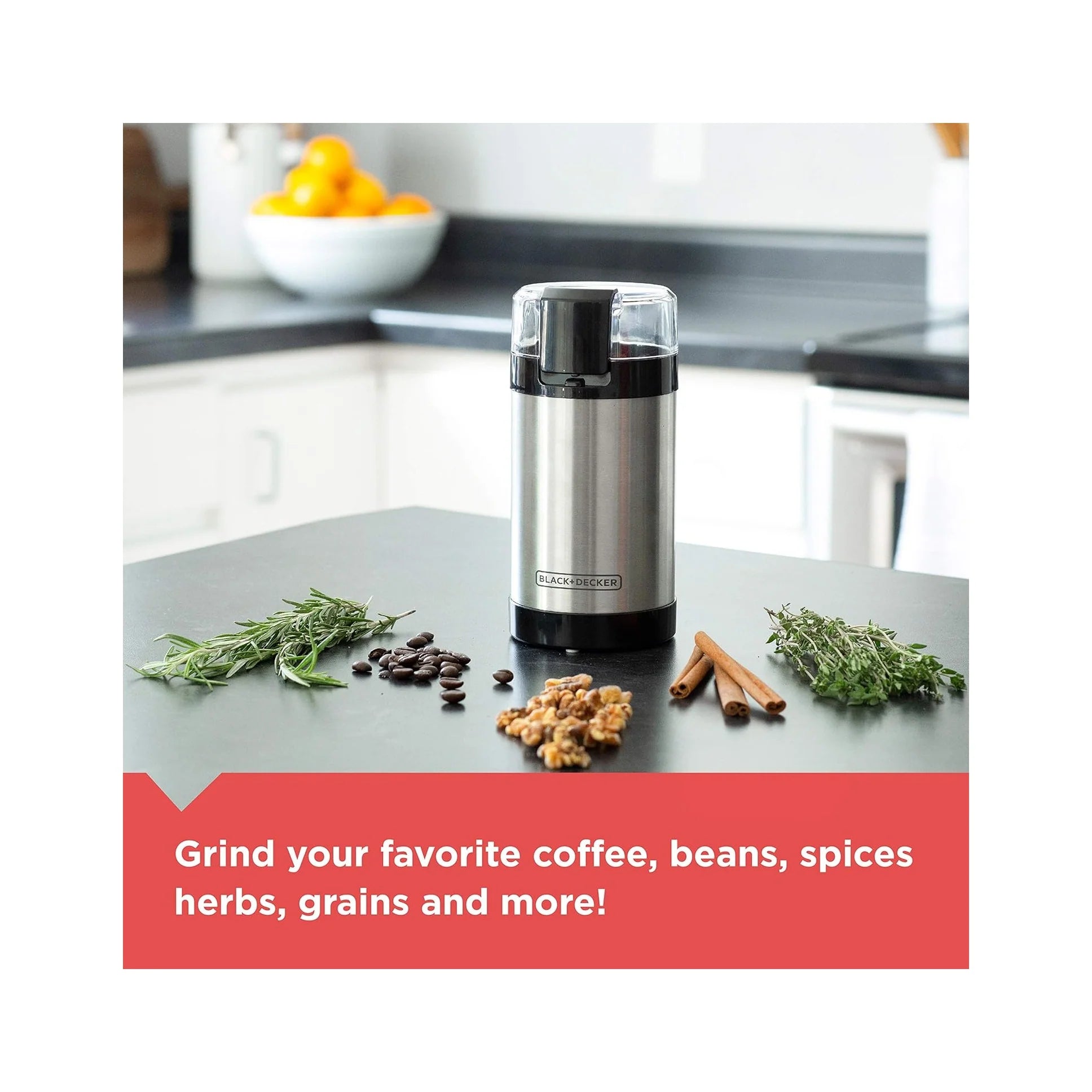 One Touch Coffee Grinder, 2/3 Cup Coffee Bean Capacity, Spice Grinder, One Touch Push-Button Control -150 Watts -Stainless Steel Blades
