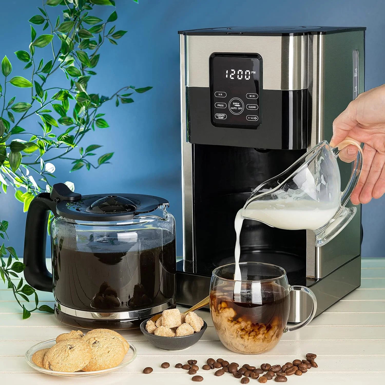 12-Cup Drip Coffee Maker with Lcd Touch Display, Programmable Coffee Pot Machine, Borosilicate Glass Carafe, Anti-Drip System, Stainless Steel & Black Electric Coffee Maker