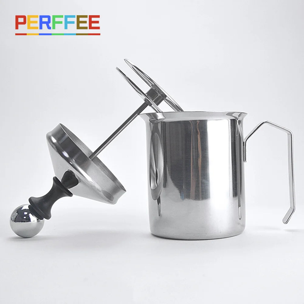Manual Milk Frother Stainless Steel Hand Pump Creamer Double Mesh Coffee Milk Foam Frothing Pitcher Froth Maker Jug 400/800 ML