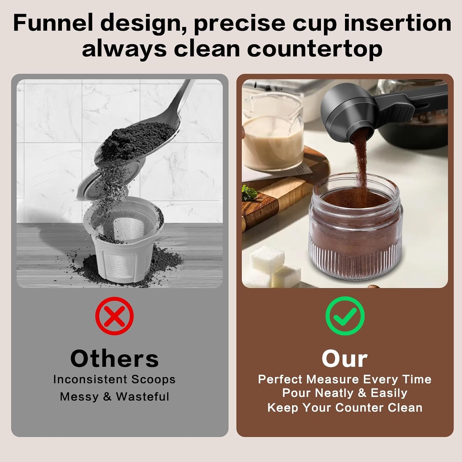 2-In-1 Coffee Scoop with Funnel, 2 Tbsp Measuring Spoon for Reusable K Cups, Ground Coffee, Protein Powder & Tea, Mess-Free Plastic Design（Transparent-2Pack）