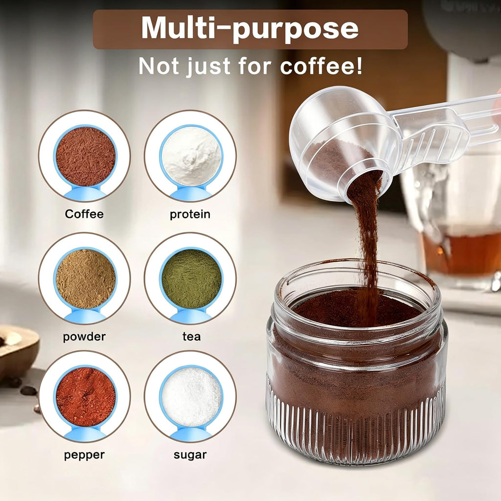 2-In-1 Coffee Scoop with Funnel, 2 Tbsp Measuring Spoon for Reusable K Cups, Ground Coffee, Protein Powder & Tea, Mess-Free Plastic Design（Transparent-2Pack）