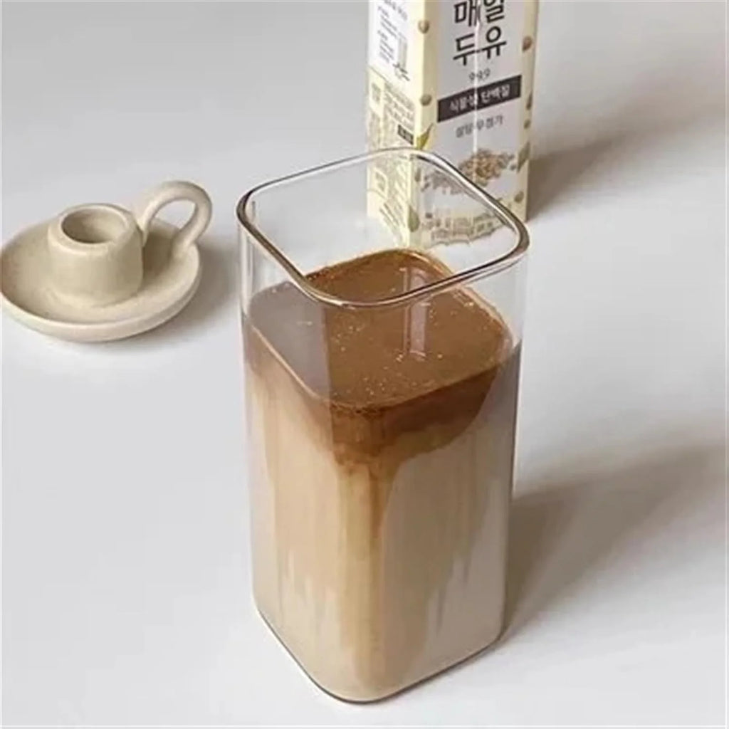 Square Heat Resistant Coffee Glass Cup with Lid and Straw Transparent Milk Tea Juice Cups Coffee Mug for Home Bar Drinkware