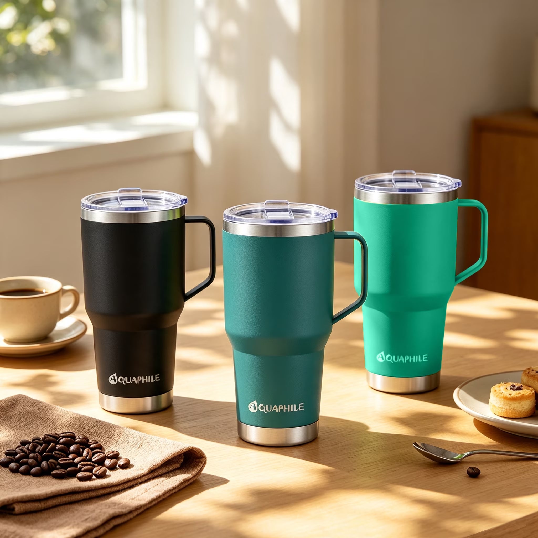 30Oz Stainless Steel Insulated Coffee Mug with Handle, Double Walled Vacuum Travel Cup with Lid & Straw, Reusable Thermal Coffee Cup, Portable Coffee Tumbler, Black