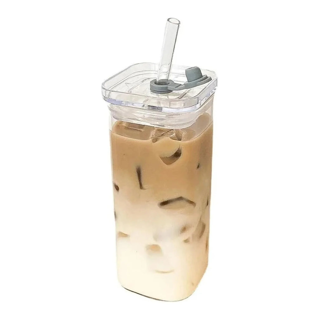 Square Heat Resistant Coffee Glass Cup with Lid and Straw Transparent Milk Tea Juice Cups Coffee Mug for Home Bar Drinkware