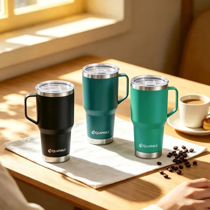 30Oz Stainless Steel Insulated Coffee Mug with Handle, Double Walled Vacuum Travel Cup with Lid & Straw, Reusable Thermal Coffee Cup, Portable Coffee Tumbler, Black