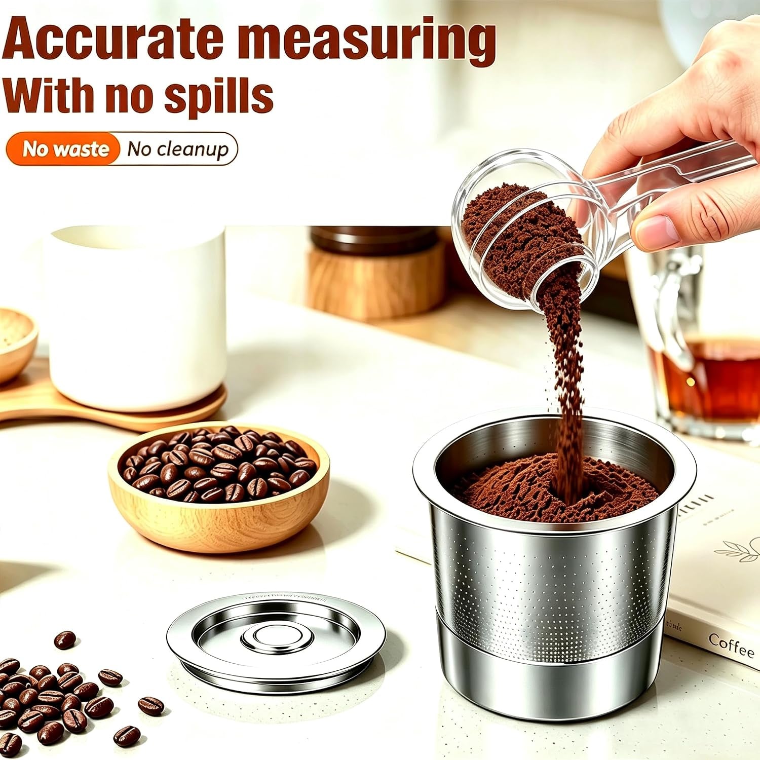 2-In-1 Coffee Scoop with Funnel, 2 Tbsp Measuring Spoon for Reusable K Cups, Ground Coffee, Protein Powder & Tea, Mess-Free Plastic Design（Transparent-2Pack）
