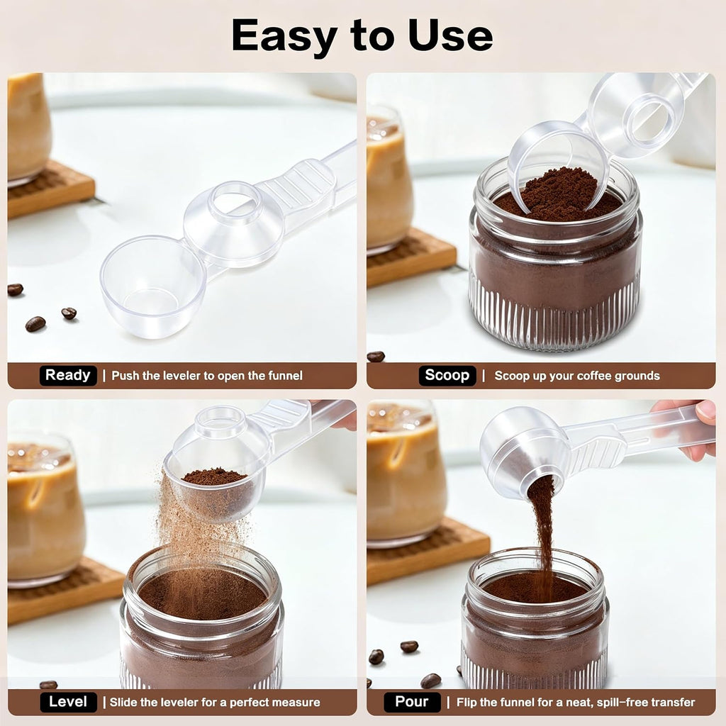 2-In-1 Coffee Scoop with Funnel, 2 Tbsp Measuring Spoon for Reusable K Cups, Ground Coffee, Protein Powder & Tea, Mess-Free Plastic Design（Transparent-2Pack）