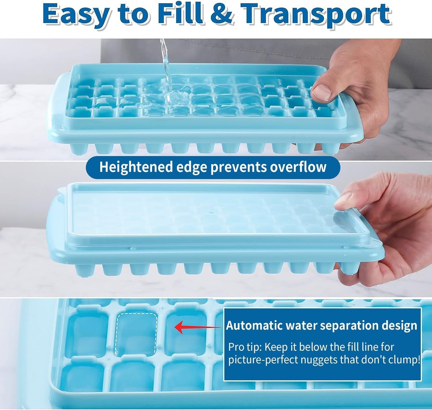 2Pack Ice Cube Tray with Lid and Bin for Freezer, Easy Release 55 Mini Ice Cube Tray with Cover, Storage Container, Scoop, Flexible Durable Plastic Nugget Ice Cube Mold & Bucket, BPA Free