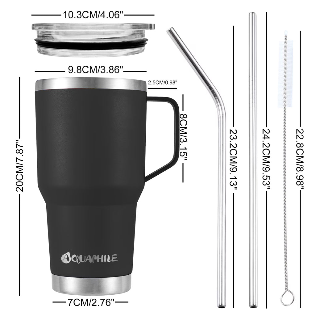 30Oz Stainless Steel Insulated Coffee Mug with Handle, Double Walled Vacuum Travel Cup with Lid & Straw, Reusable Thermal Coffee Cup, Portable Coffee Tumbler, Black