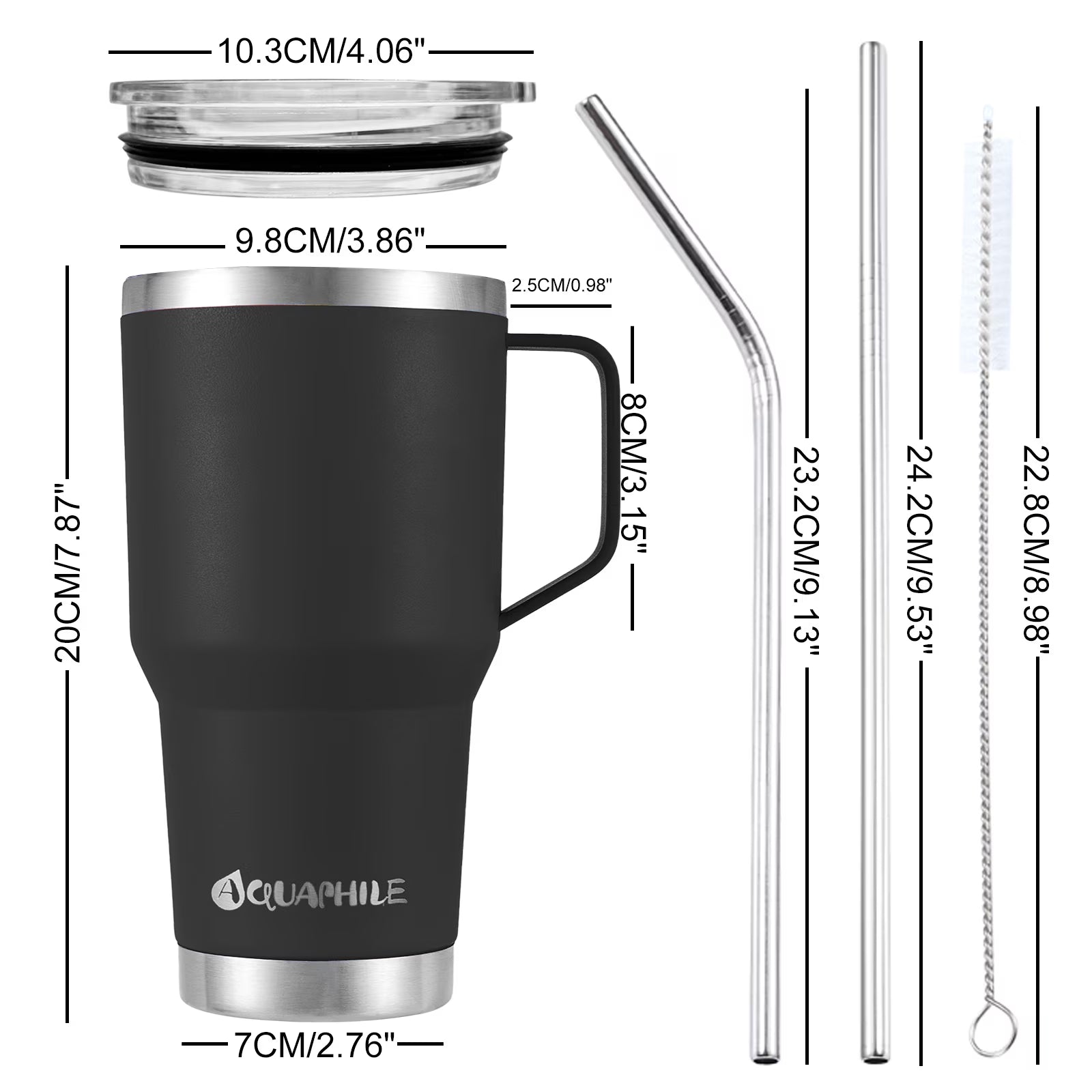 30Oz Stainless Steel Insulated Coffee Mug with Handle, Double Walled Vacuum Travel Cup with Lid & Straw, Reusable Thermal Coffee Cup, Portable Coffee Tumbler, Black