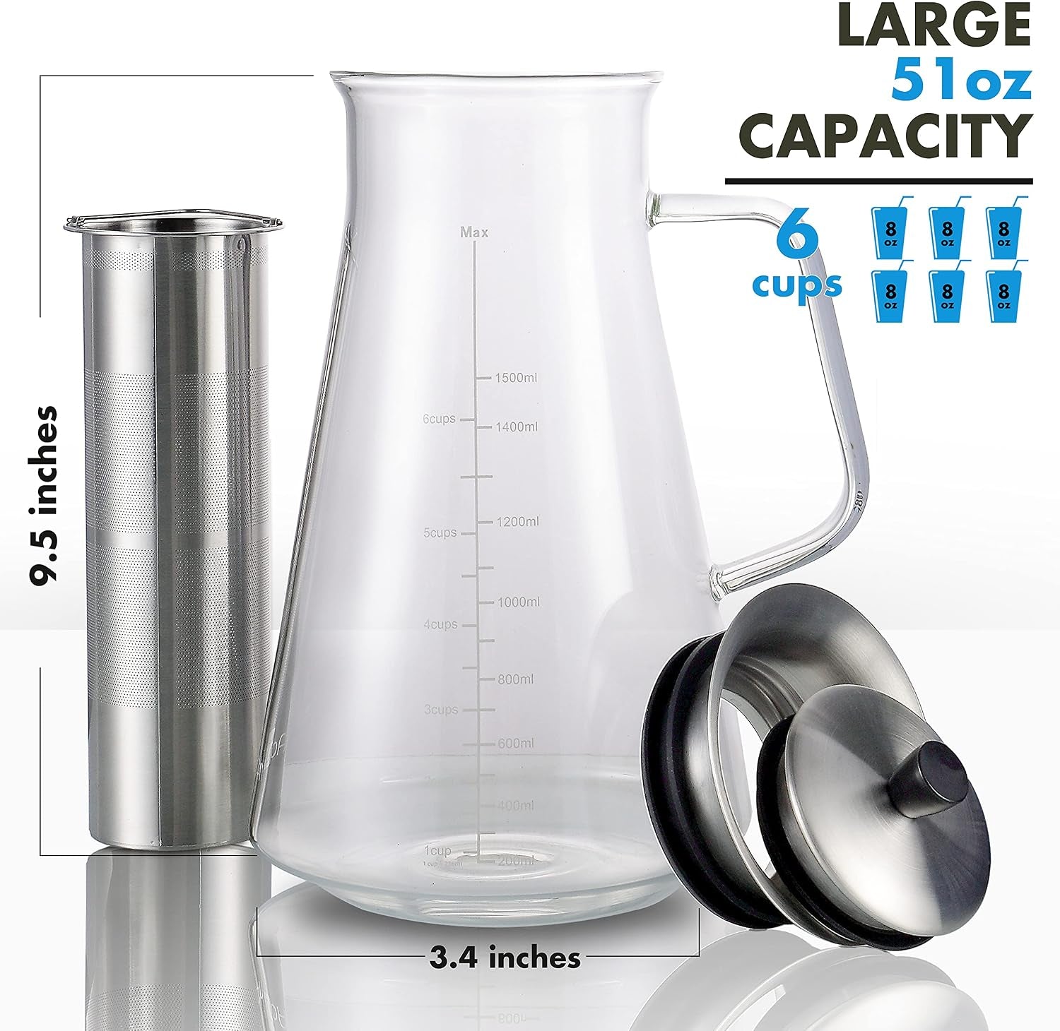 51Oz Cold Brew Maker, Borosilicate Glass Iced Coffee Tea Pitcher