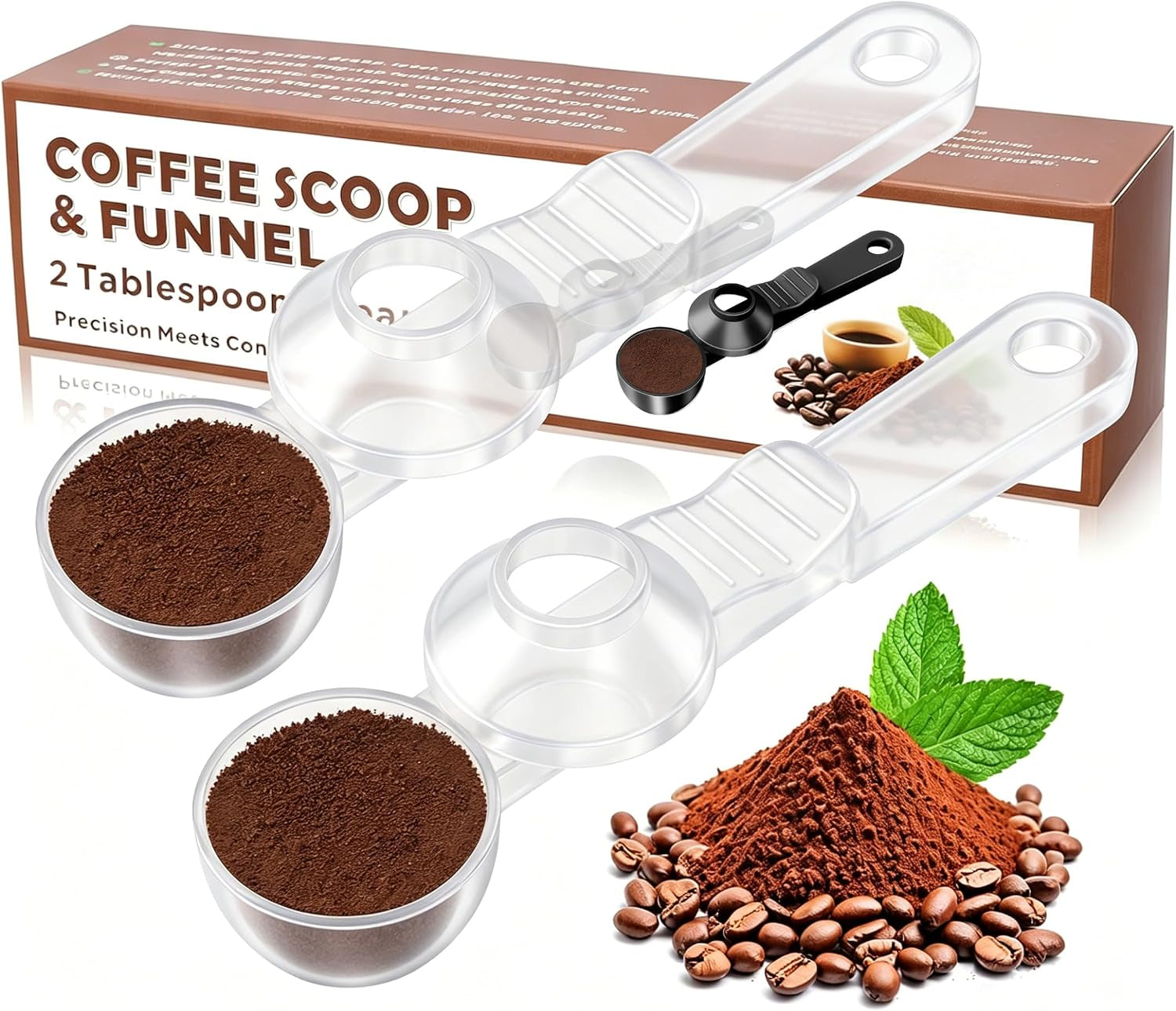 2-In-1 Coffee Scoop with Funnel, 2 Tbsp Measuring Spoon for Reusable K Cups, Ground Coffee, Protein Powder & Tea, Mess-Free Plastic Design（Transparent-2Pack）