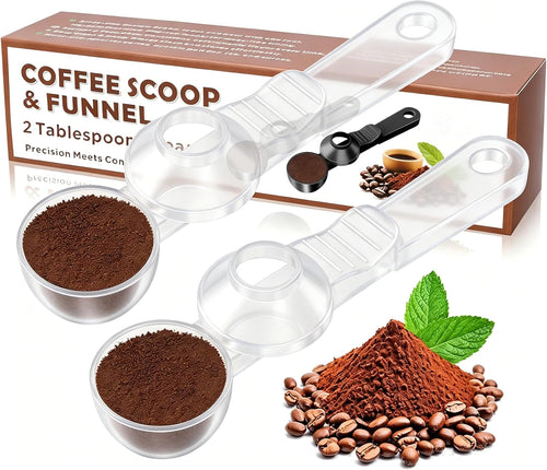 2-In-1 Coffee Scoop with Funnel, 2 Tbsp Measuring Spoon for Reusable K Cups, Ground Coffee, Protein Powder & Tea, Mess-Free Plastic Design（Transparent-2Pack）