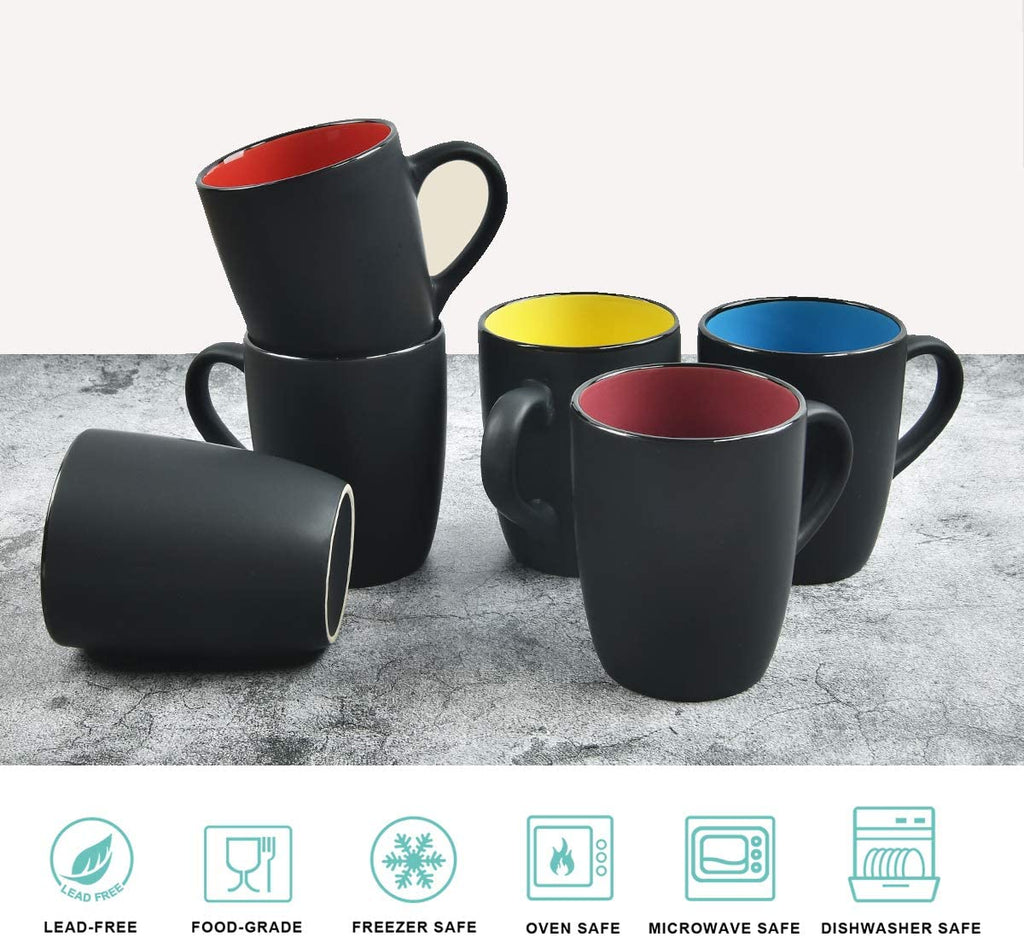 Set of 6 Modern Black Ceramic Coffee Mugs, 16 Ounce Capacity, Perfect for Home Use